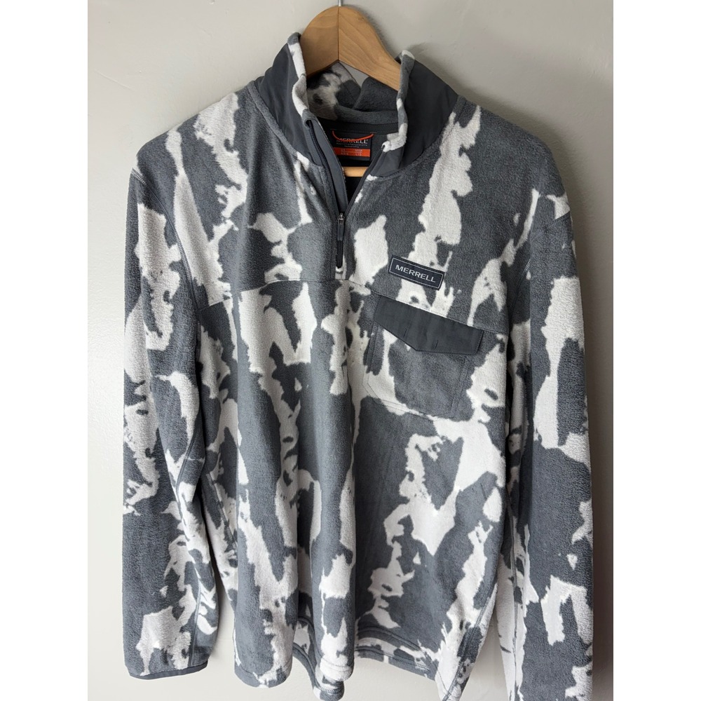 Merrell Mens Grey White Cow Print Quarter Zip Fleece Pullover Jacket Size Medium